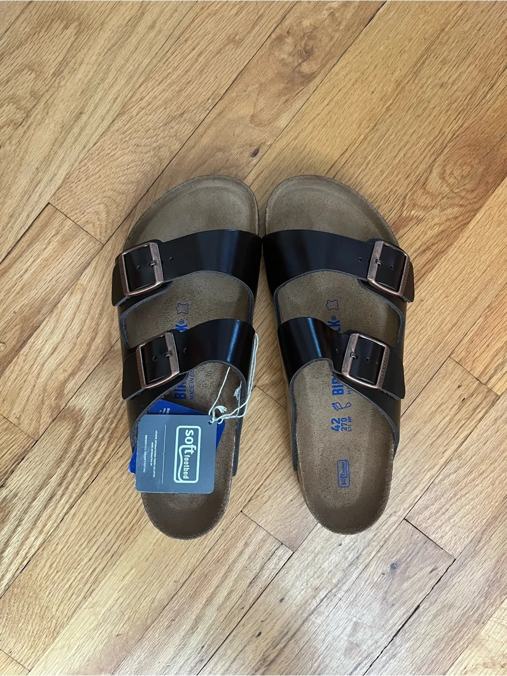 Birkenstock Brown Two-Strap Sandals with Rose-Gold Buckles M9/W11